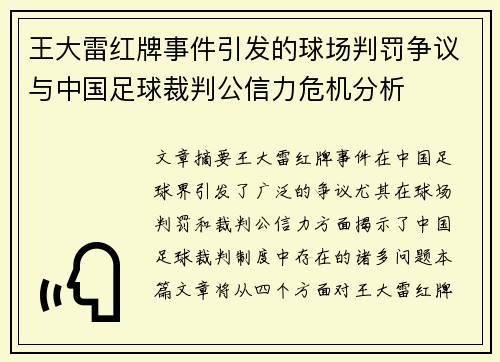 王大雷红牌事件引发的球场判罚争议与中国足球裁判公信力危机分析