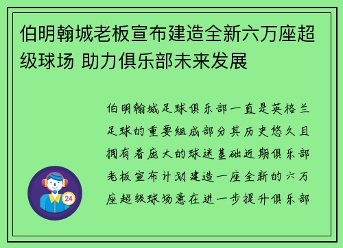 伯明翰城老板宣布建造全新六万座超级球场 助力俱乐部未来发展