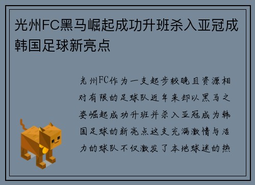 光州FC黑马崛起成功升班杀入亚冠成韩国足球新亮点