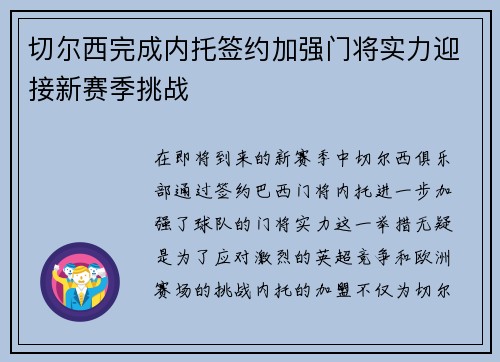 切尔西完成内托签约加强门将实力迎接新赛季挑战